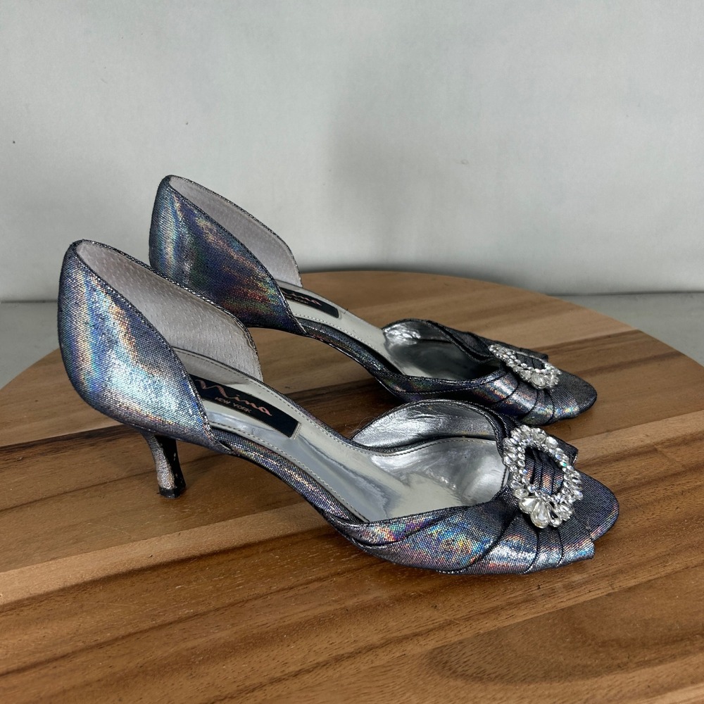 Nina New York Womens Size 9 M Silver Iridescent Rhinestone D'Orsay Kitten Heels